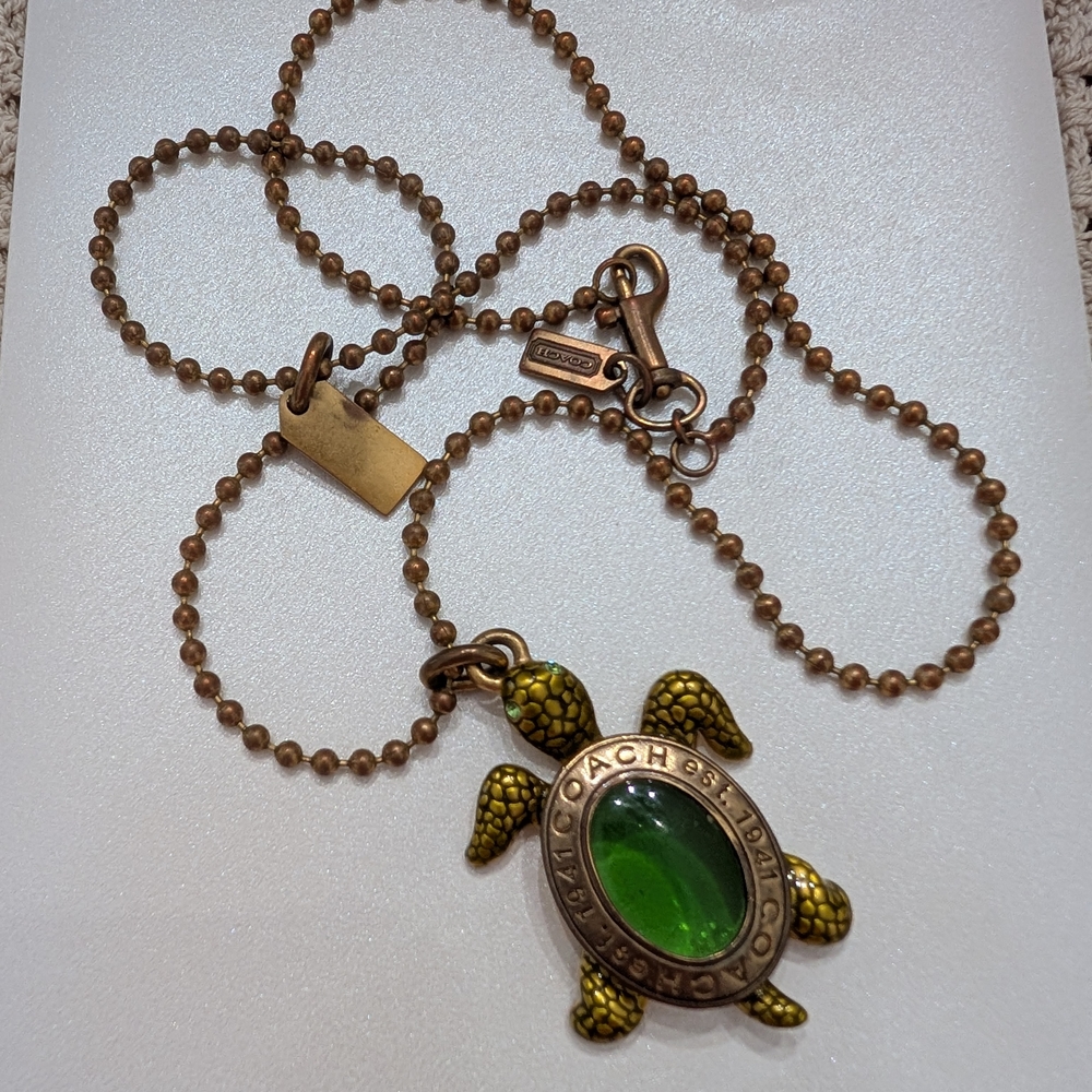 Coach Turtle Pendant Necklace with Green Gem